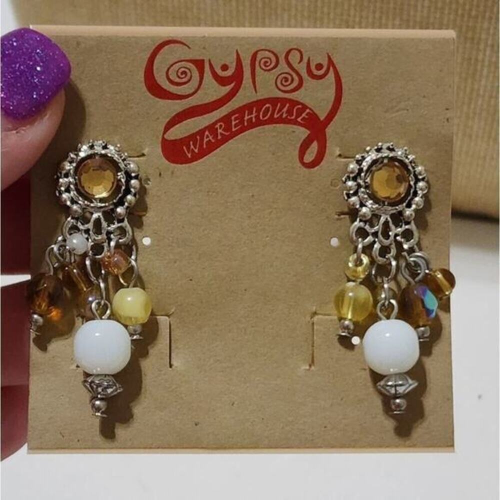 Treska Gypsy Silver Tone Amber White Beaded Boho Dangle Drop Post Earrings NEW